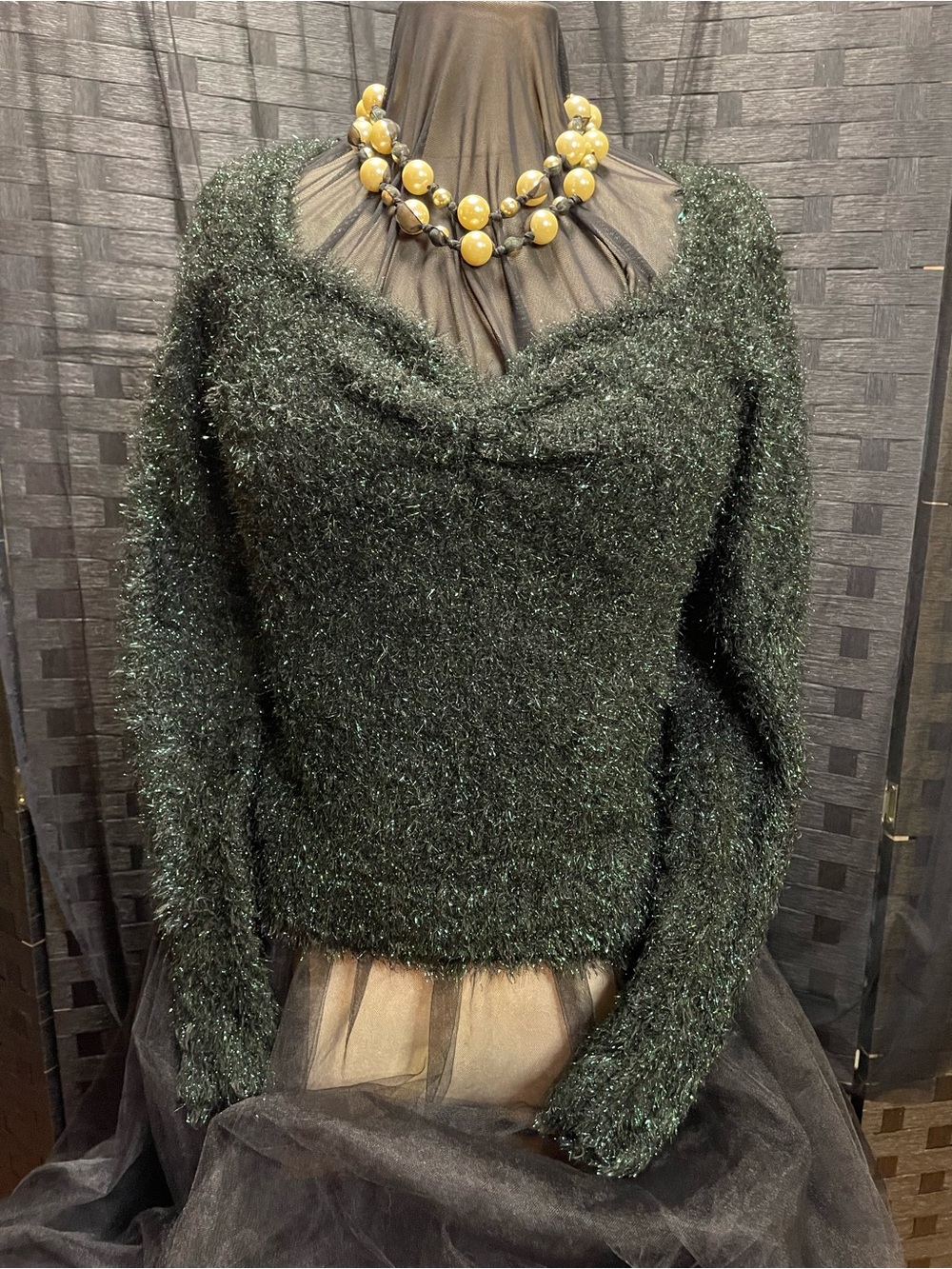 Chelsea & Violet Metallic Forest Green V-Neck Fuzzy Sweater